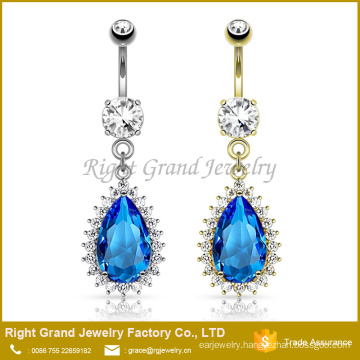 Surgical Steel Dangle Blue Teardrop Cubic Zirconia Gem Trim Belly Ring